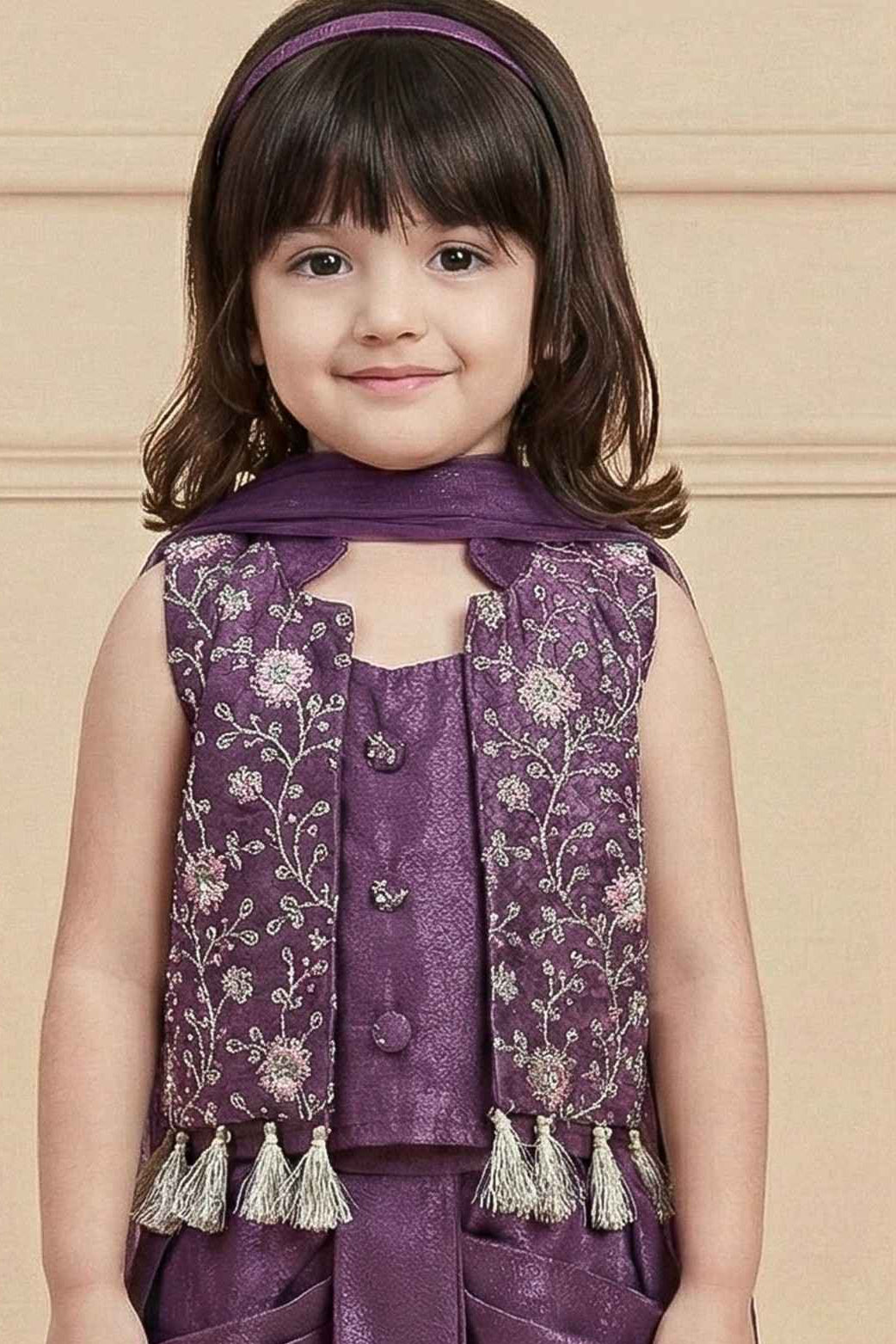 Purple Embroidered Dhoti Skirt Set For Girls