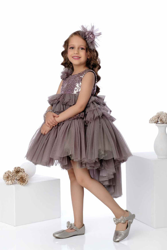 Grey Sleeveless Bushy And Tail Back Frock With Sequin Work For Girls