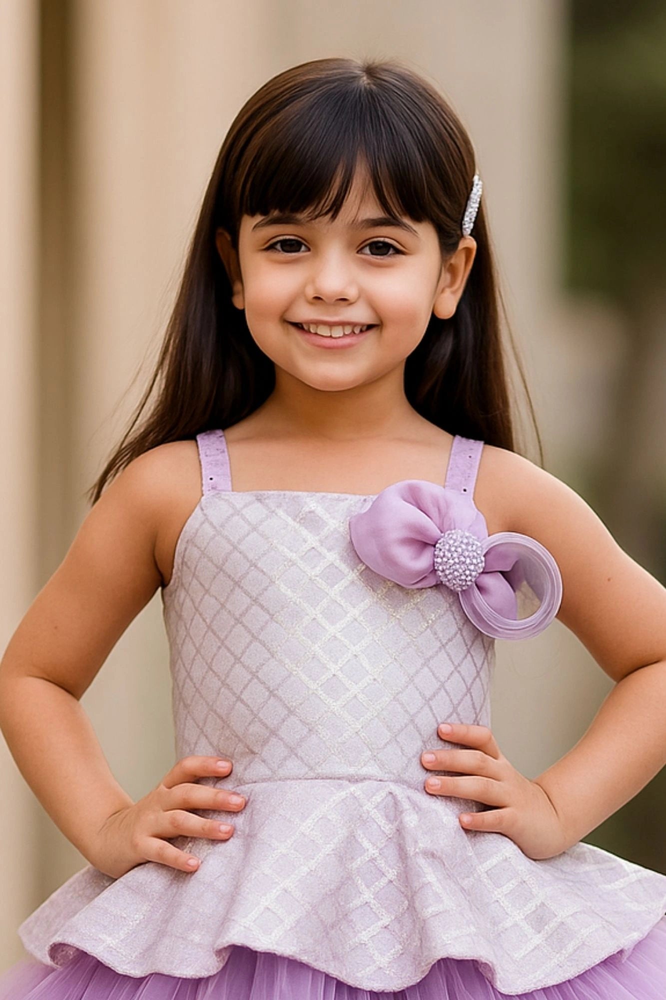 Lavender & White Layered Party Frock with Statement Bow For girls