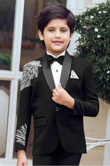 Classic White Shirt With Embroidered Black Blazer And Pant Set For Boys