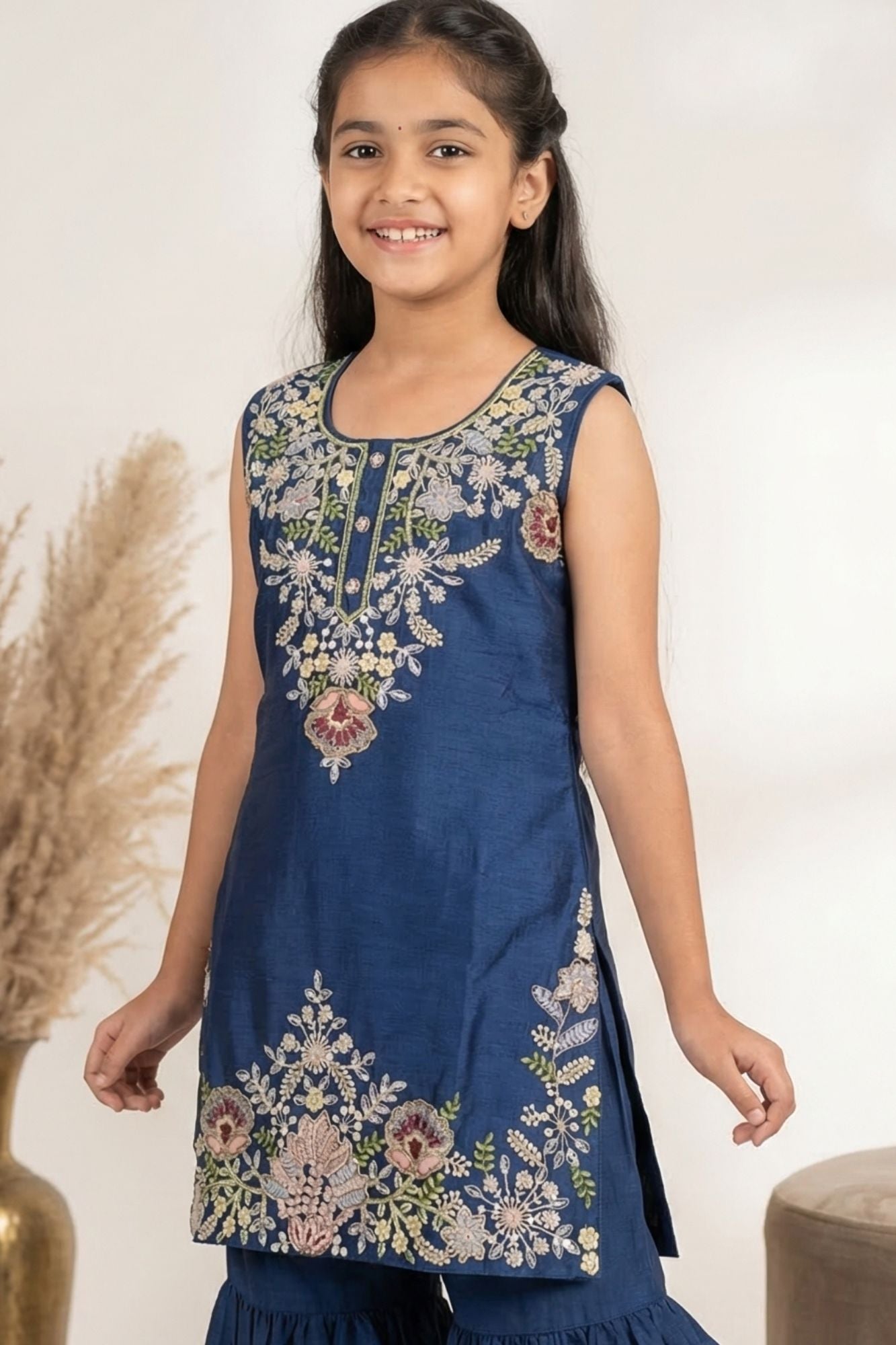 Navy Blue Embroidered Sharara Set With Dupatta For Girls