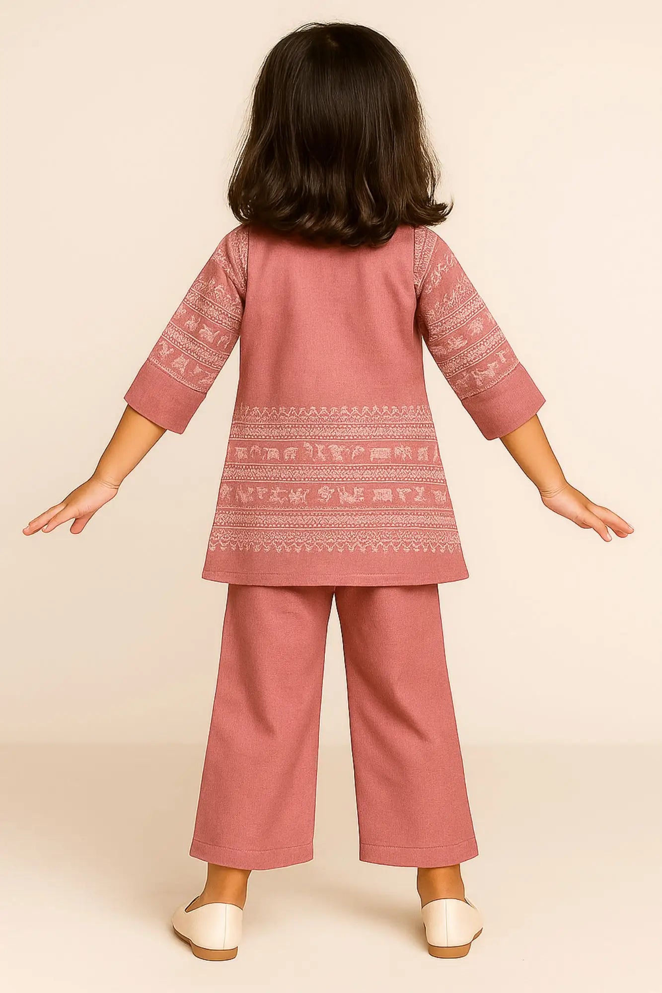Mauve Printed Three-Piece Co-ord Set with Belted Pants For Girls