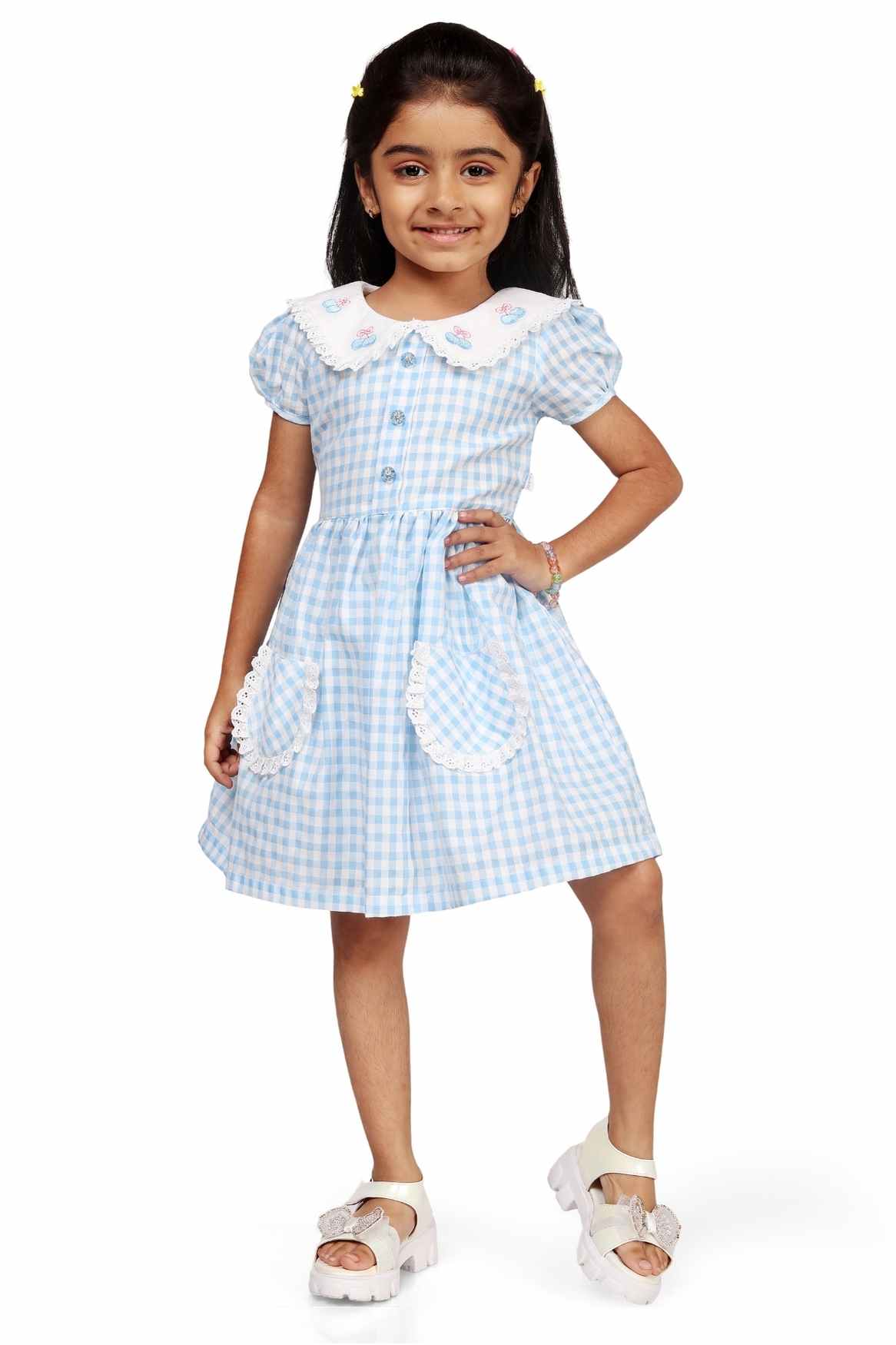 Blue Checked And Embroidery Frock For Girls