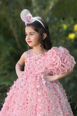 Pink Sleeveless Butterfly Embellished Gown For Girls