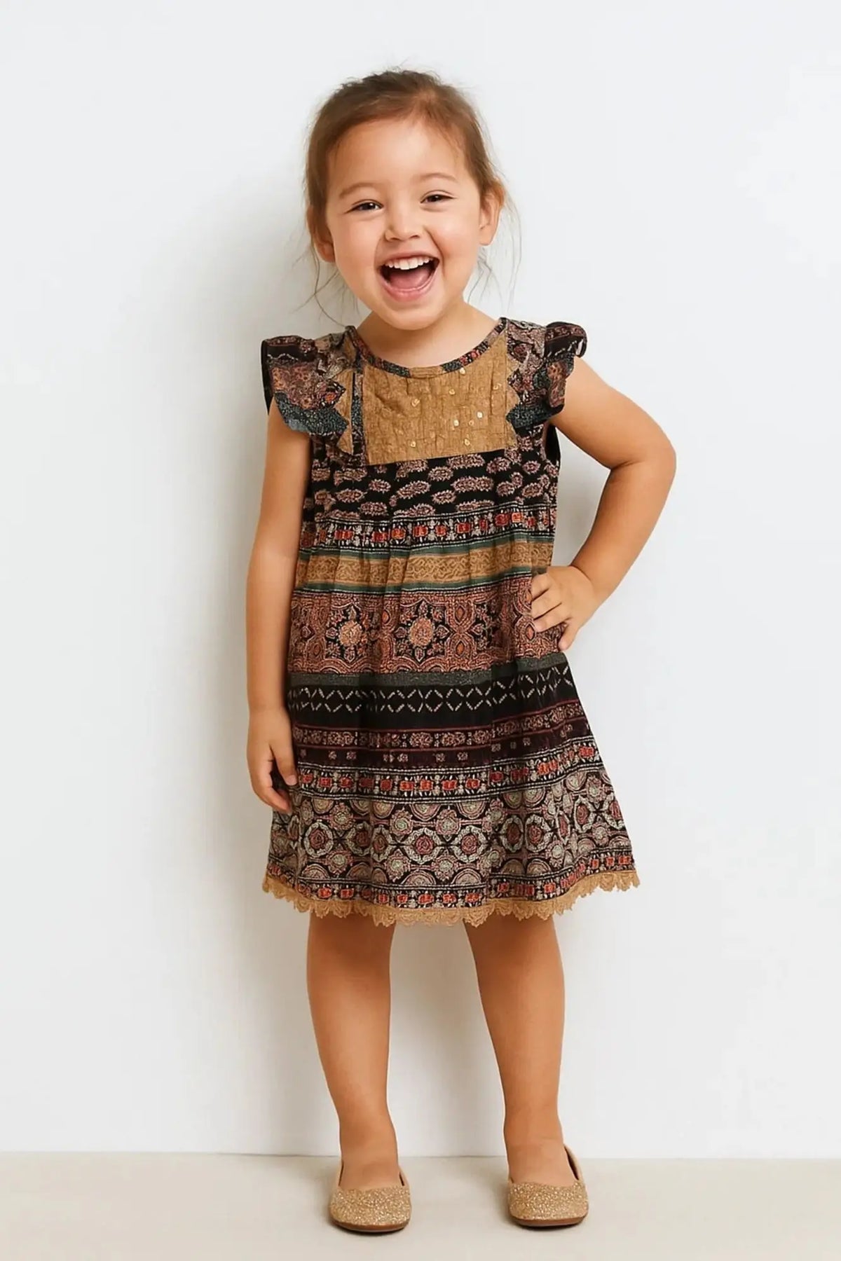 Boho Print Sequin Embroidered Flutter Sleeve Dress For Girls