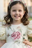 Cream Floral Embroidered Puff Sleeve Party Frock For Girls