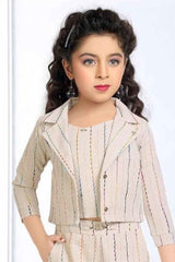 Stylish Beige Overcoat With Thread Work Co Ord Set For Girls