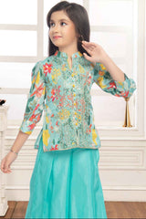 Sea Green Printed Sequin And Embroidered Palazzo Set For Girls