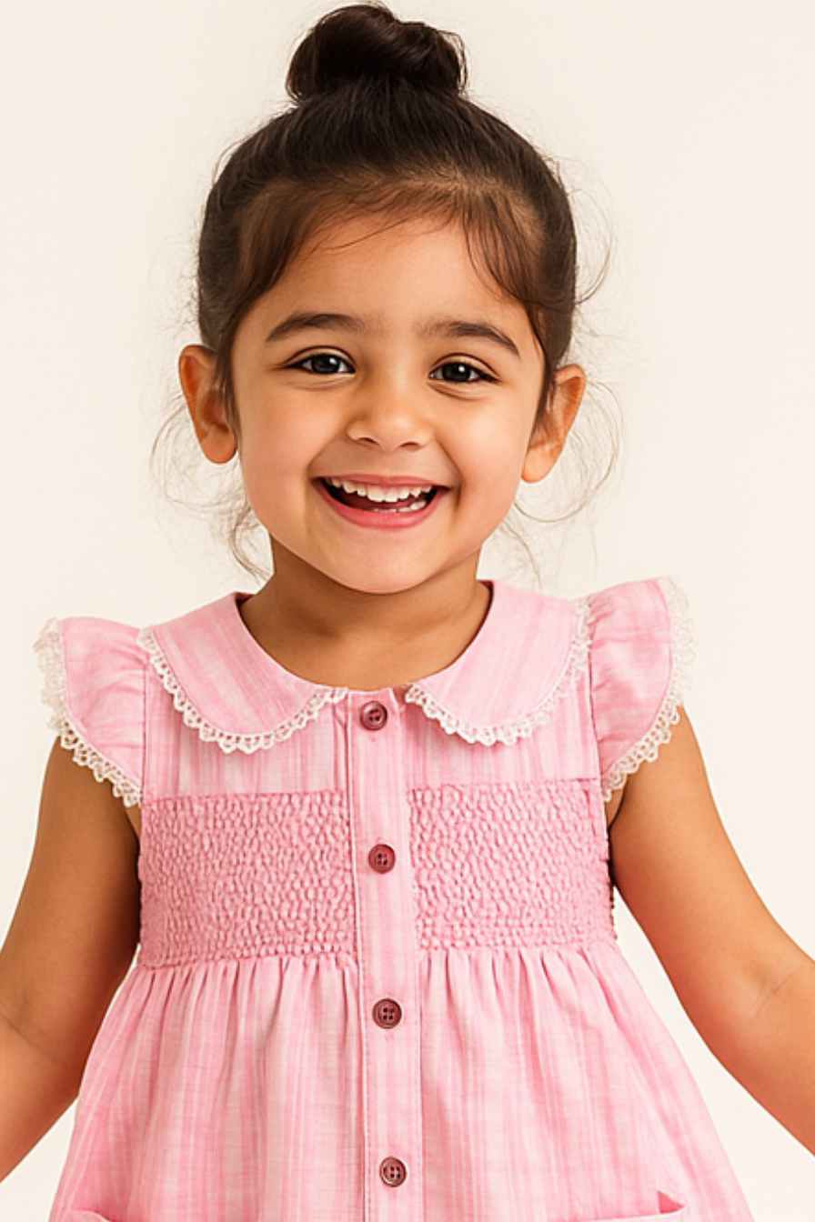 Pink Cotton Button Down Day Dress for Girls