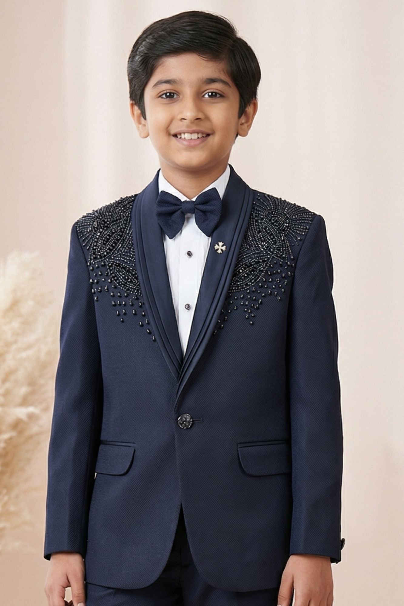 Navy Blue Embroidered 5 Piece Suit Set With Bead Work For Boys