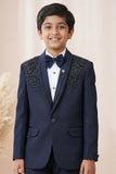 Navy Blue Embroidered 5 Piece Suit Set With Bead Work For Boys