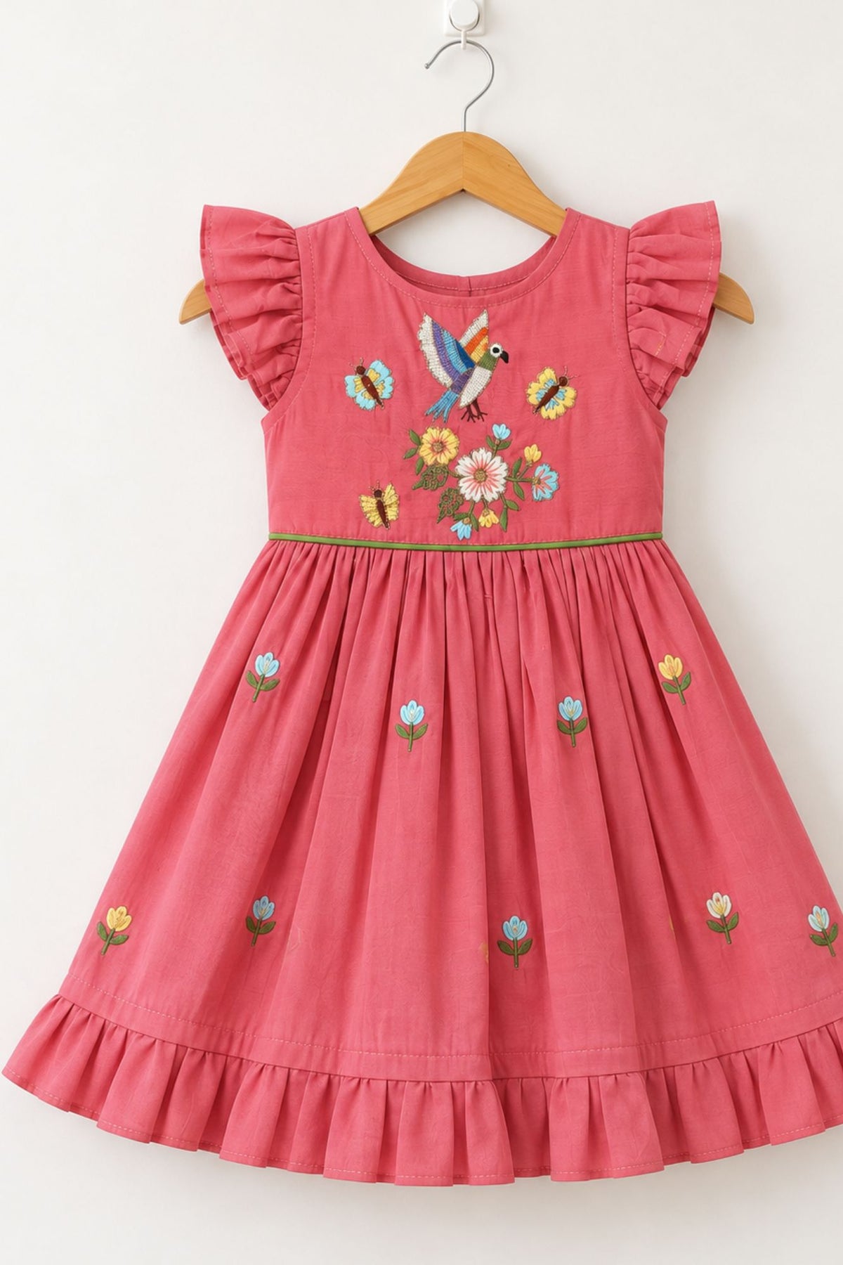 Onion Pink Embroidered Ruffle Sleeve Flared Dress For Girls