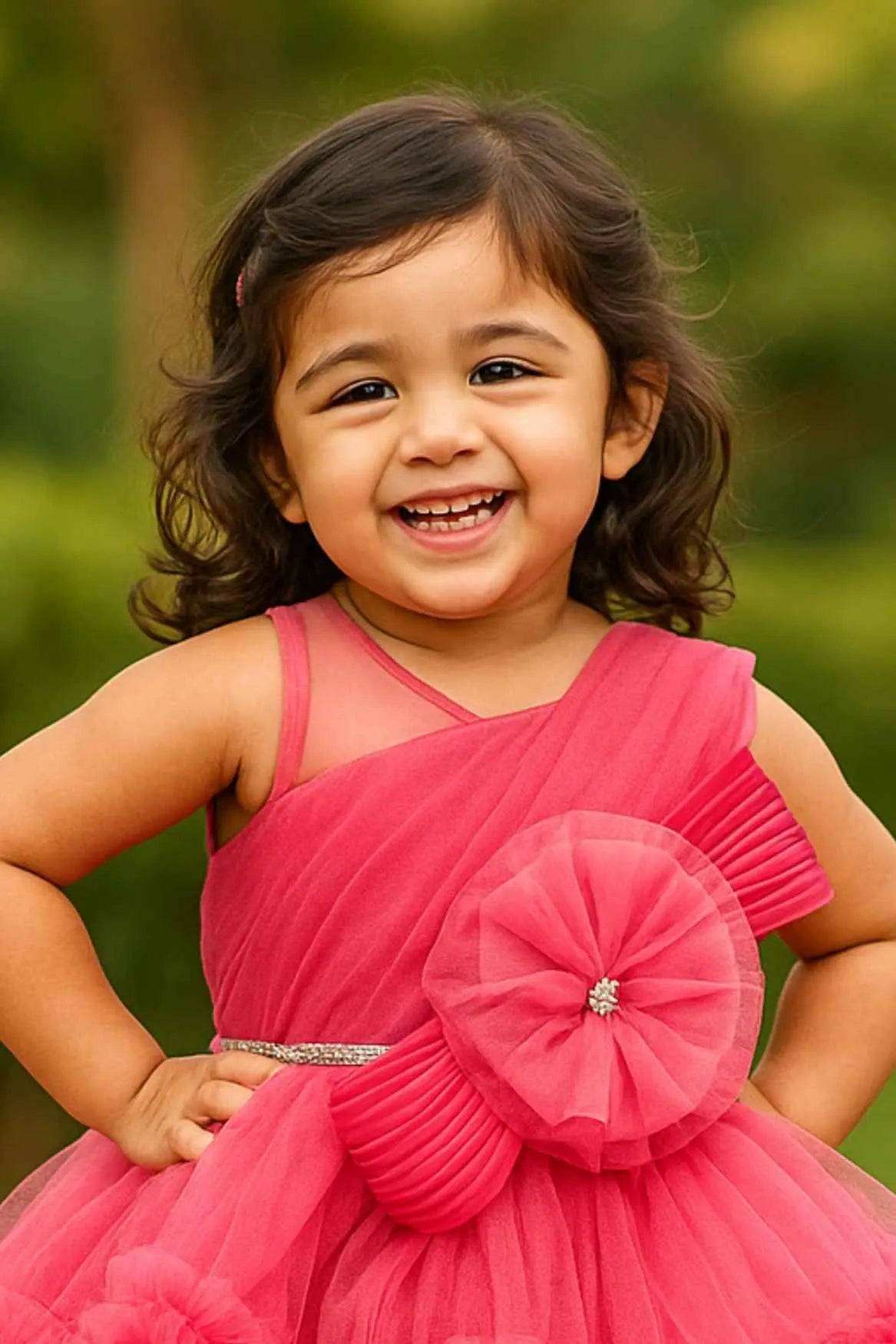 Dark Peach Floral Embellished Party Wear Tailback Frock For Girls
