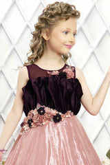 Onion Pink Shimmer Gown Embellished With Floral For Girls