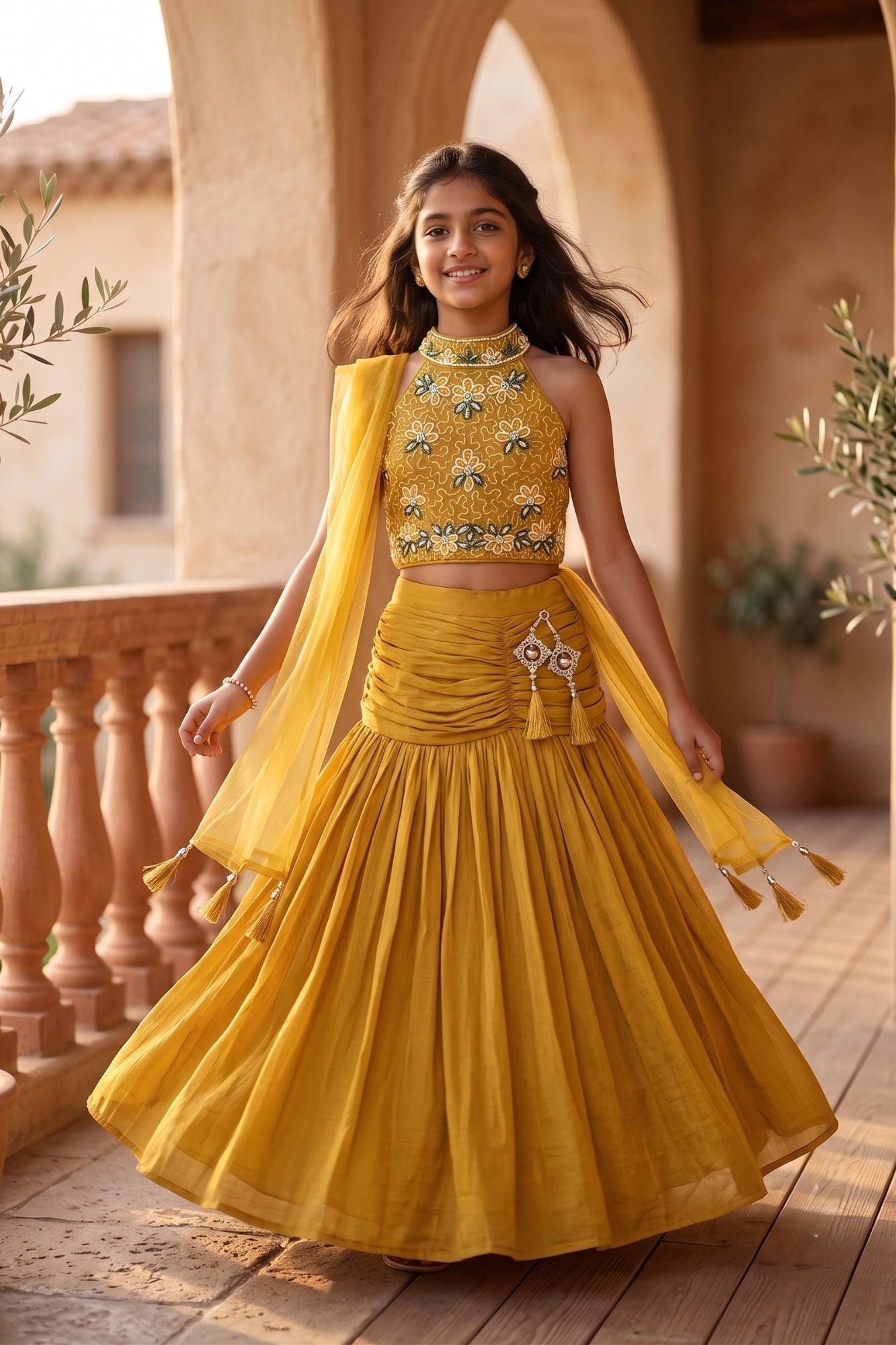 Girls Mustard Yellow  Embroidered Halter Neck Choli Set with Dupatta