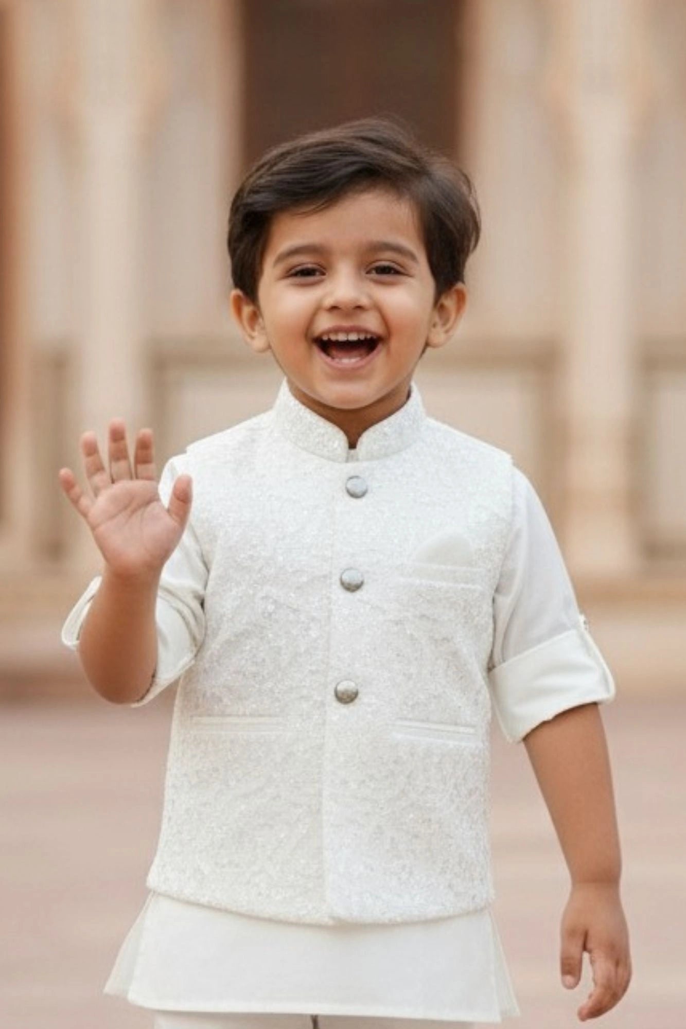 Cream Kurta Pajama Set with Embroidered Nehru Jacket For Boys