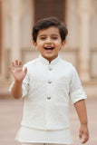 Cream Kurta Pajama Set with Embroidered Nehru Jacket For Boys