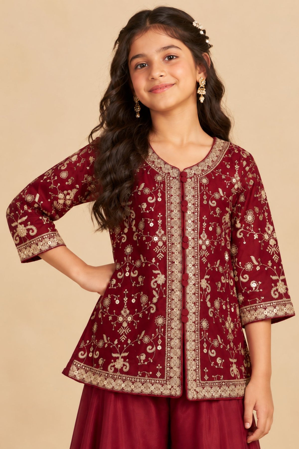 Girls Maroon Sequin Embroidered Palazzo Set with Dupatta