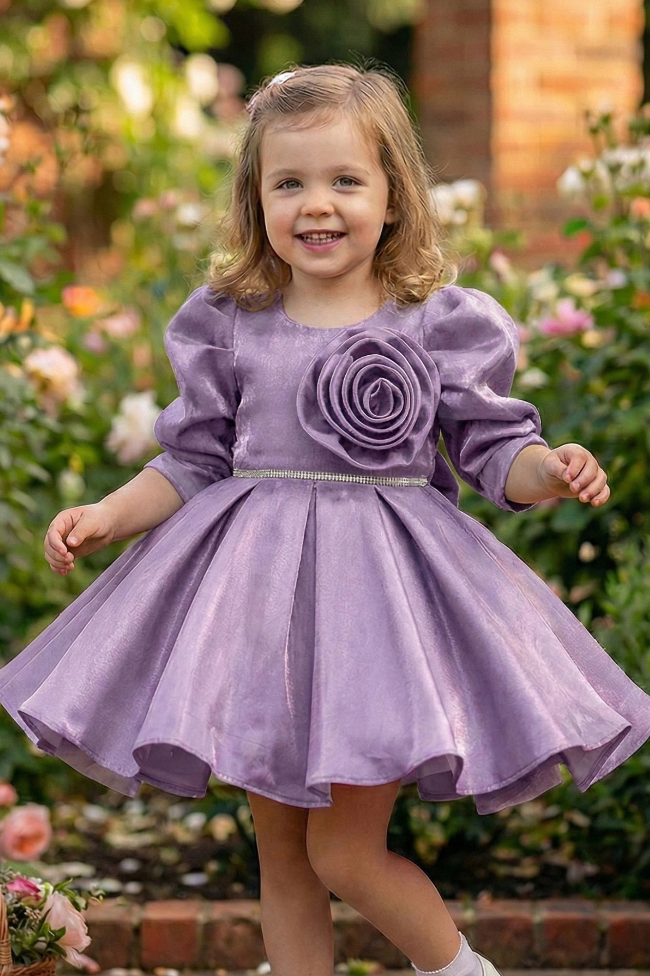 Lavender Party Wear Frock with Puffy Sleeves & Statement Rose Appliqué For Girls
