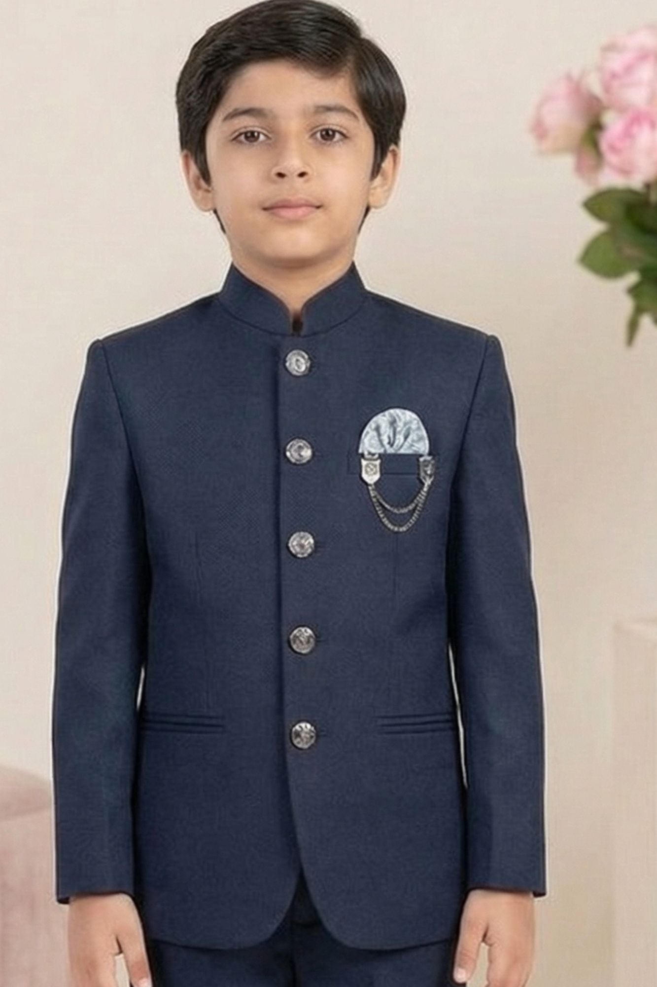 Navy Blue Jodhpuri Suit with Chain Brooch And Pocket Square For Boys