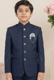Navy Blue Jodhpuri Suit with Chain Brooch And Pocket Square For Boys