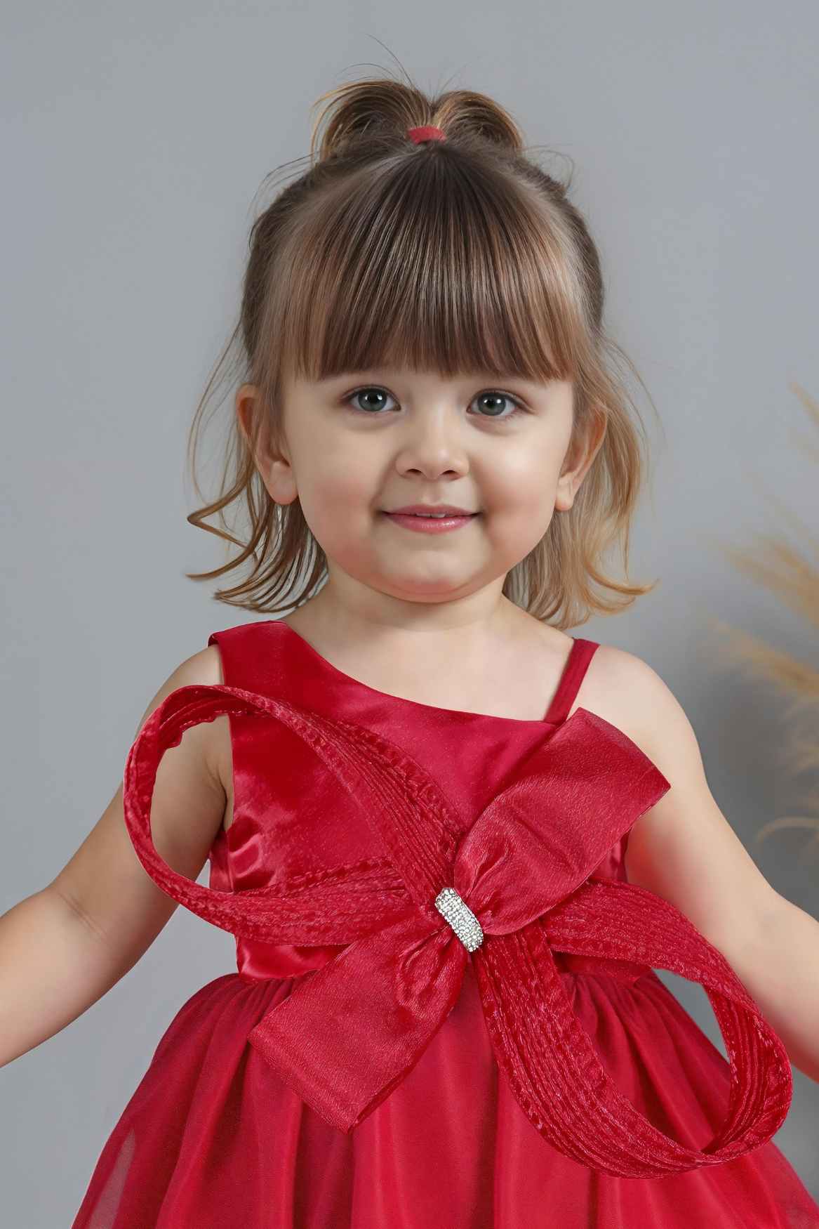 Red One-Shoulder Bow Embellished Party Dress for Girls