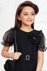 Black Dress With Floral Embellished And Sling Bag For Girls