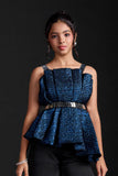 Metallic Blue Pleated Top with Pants For Girls