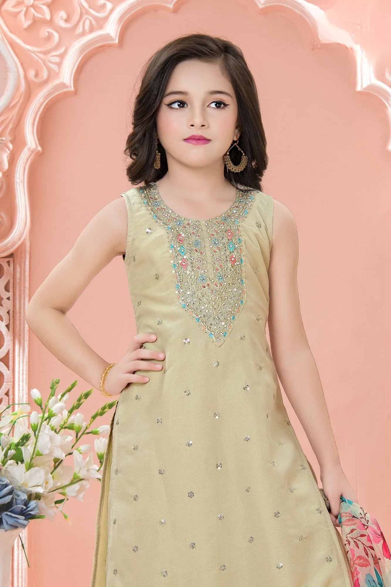 Beige Embroidered Kurta Set with Floral Printed Dupatta For Girls