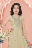 Beige Embroidered Kurta Set with Floral Printed Dupatta For Girls
