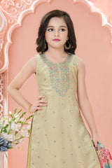 Beige Embroidered Kurta Set with Floral Printed Dupatta For Girls