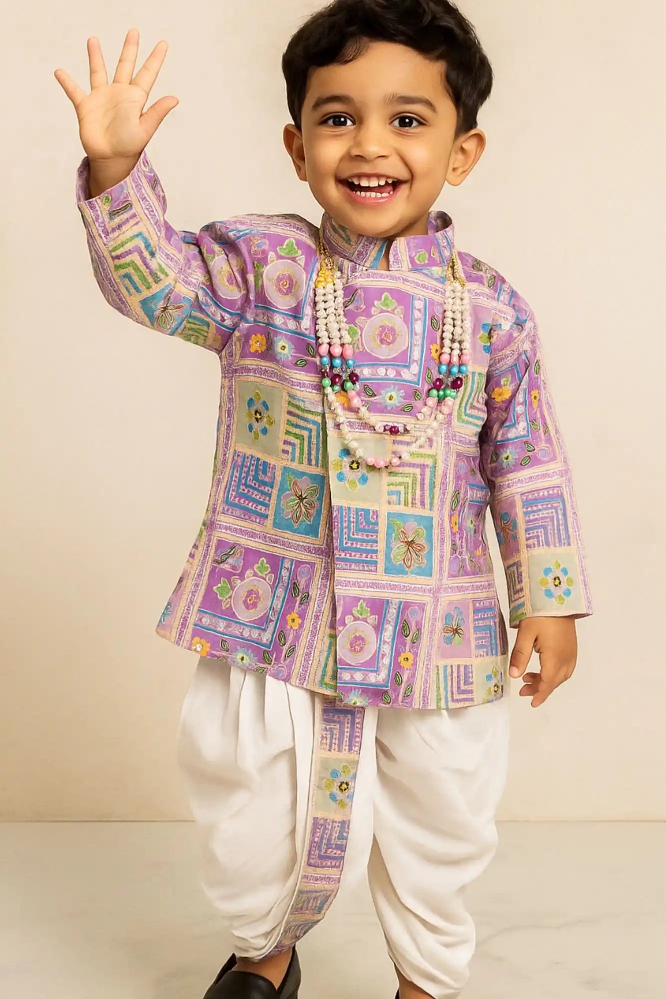 Lavender Patchwork-Style Kurta with Cream Dhoti Set