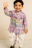 Lavender Patchwork-Style Kurta with Cream Dhoti Set
