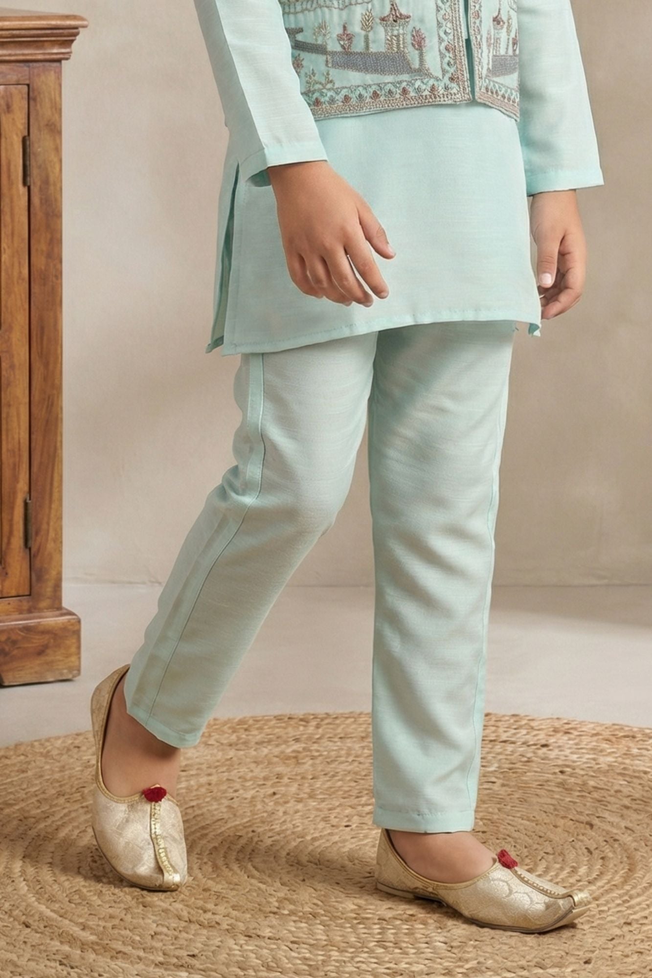 Firozi Embroidered Kurta Set with Nehru Jacket For Boys