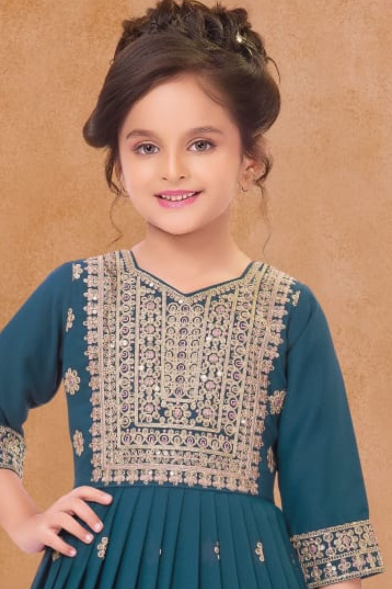 Teal Embroidered Anarkali Ethnic Gown with Dupatta For Girls