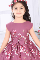 Floral Printed Wine Partywear Frock For Girls