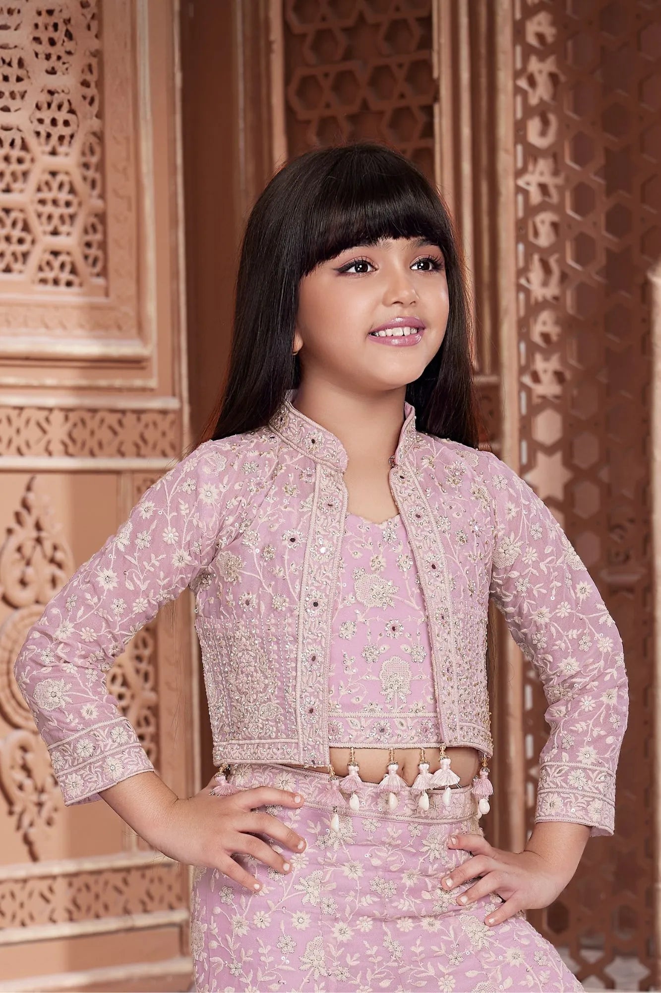 Blush Pink Thread Embroidered Palazzo Set with Crop Top and Matching Jacket for Girls