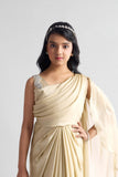 Cream Pre-Draped Saree Gown with Embellished Strap For Girls
