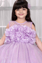 Designer Purple Net Sequin And Floral Embellished Frock For Girls