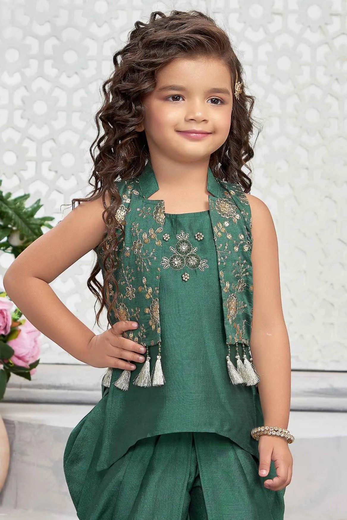Green Dhoti Set With Embroidered Kurti And Jacket For Girls