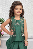 Green Dhoti Set With Embroidered Kurti And Jacket For Girls