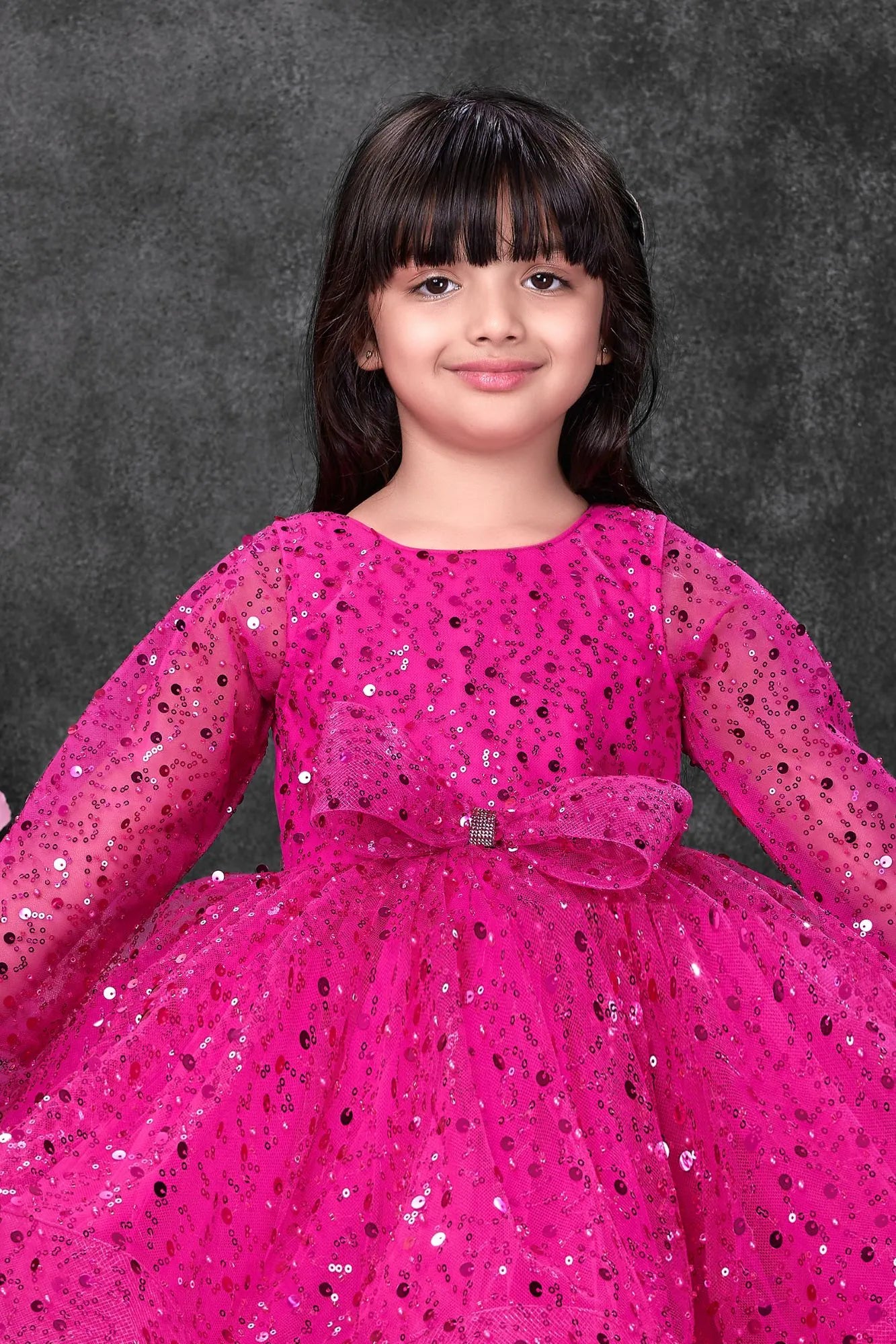 Pink Sequins Embellished Party Wear Frock with Bow Detail For Girls