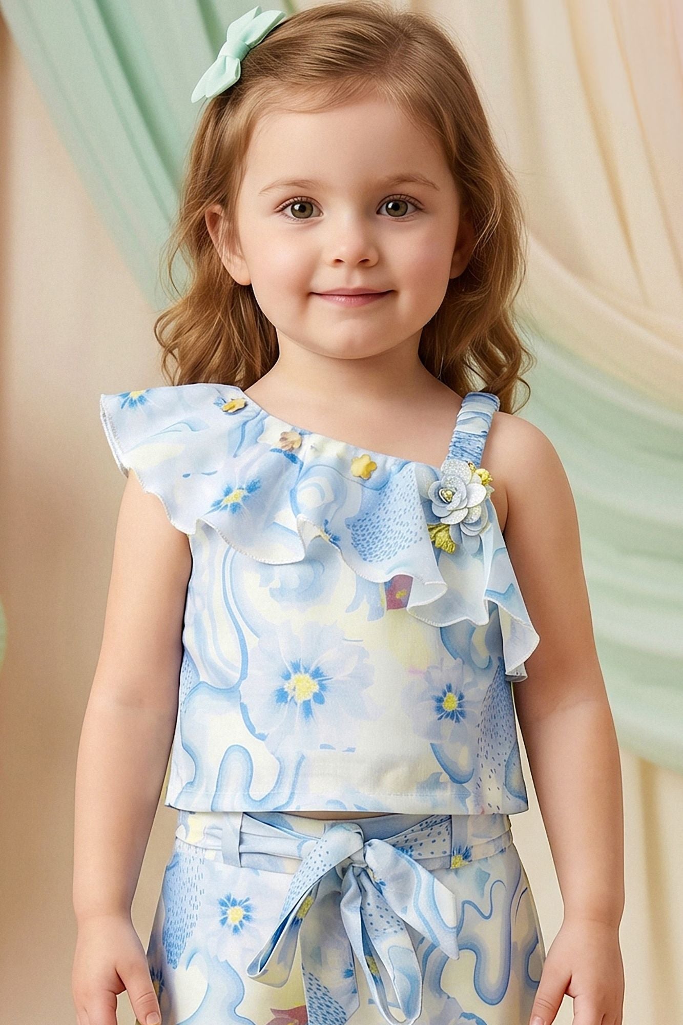 Girls Blue Floral Printed One-Shoulder Co-Ord Set with Wide-Leg Pants