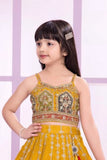 Mustard Yellow Ethnic Wear Skirt Set with Intricate Embroidery And Tassel Detail For Girls