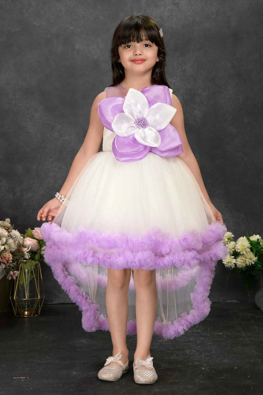 Off-White and Lavender High-Low Party Frock with 3D Flower Appliqué For Girls