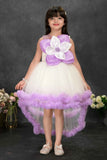 Off-White and Lavender High-Low Party Frock with 3D Flower Appliqué For Girls