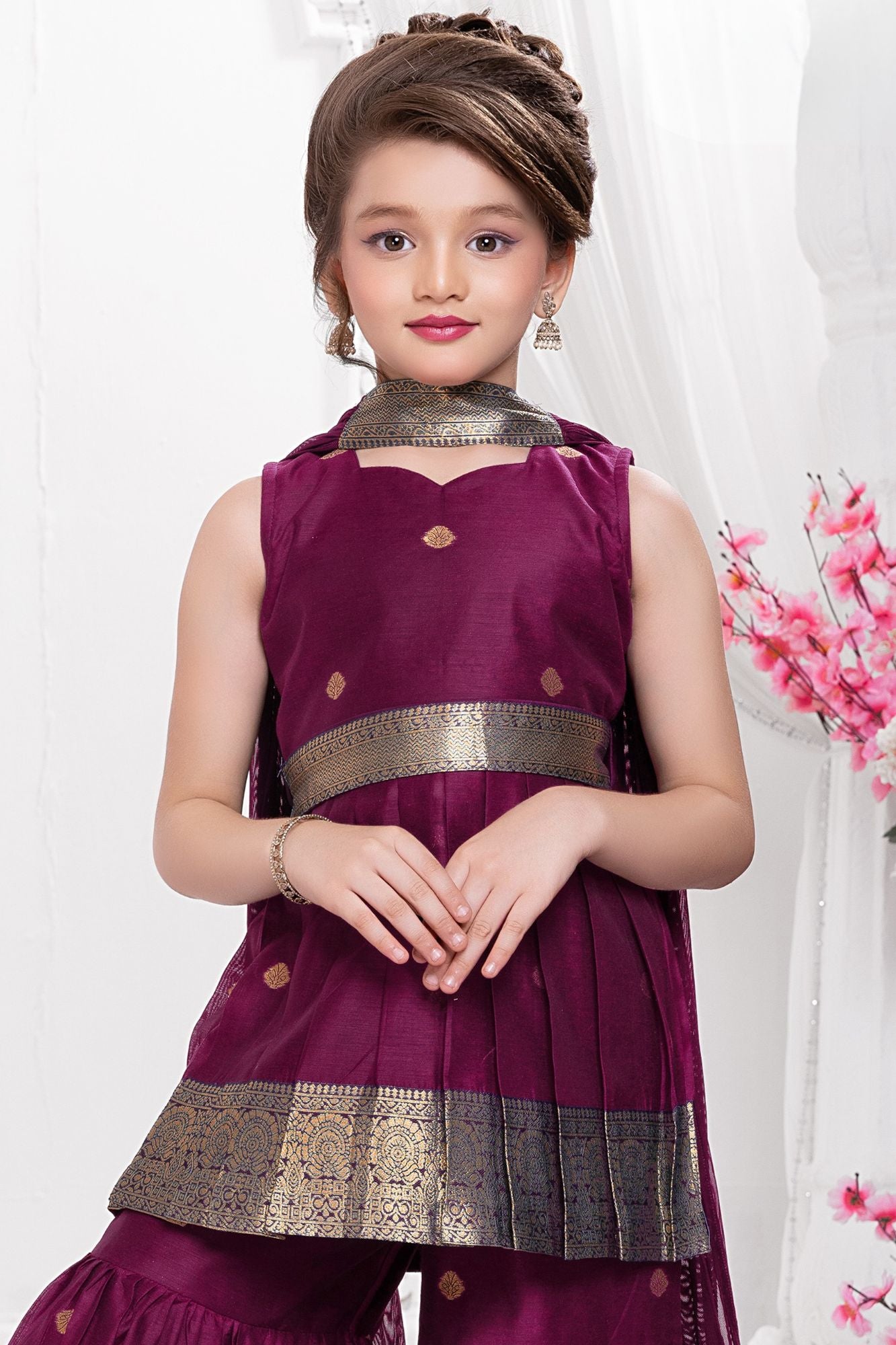 Wine Zari Woven Palazzo Set with Dupatta for Girls