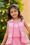 Girls Pink Printed Waistcoat Co-Ord Set with Inner Top And Wide-Leg Pants