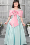 Aqua Blue Sleeveless Gown with Oversized Dusty Pink Bow for Girls