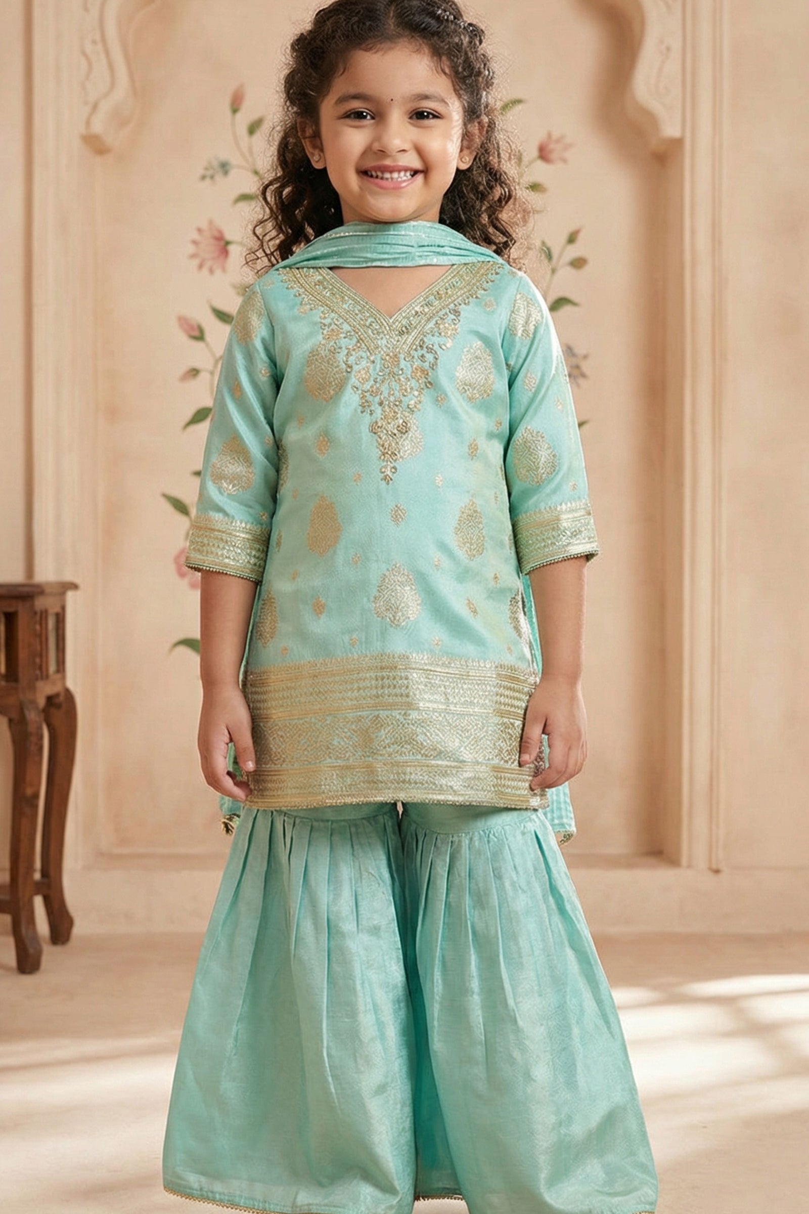 Girls Sea Green Sharara Set With Zari Embroidery And Dupatta